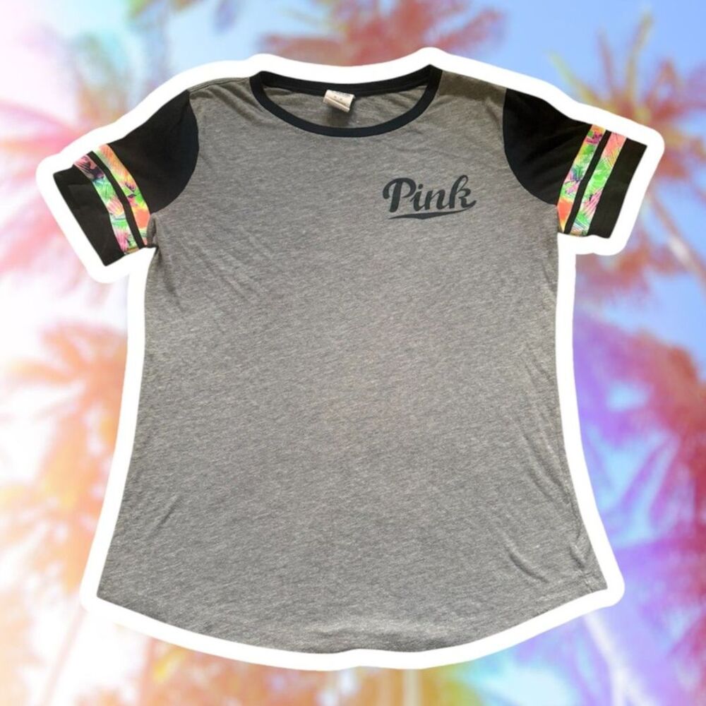 2015 VS Pink Baseball Campus Tropical Short Sleeve Shirt Heather Gray and Black